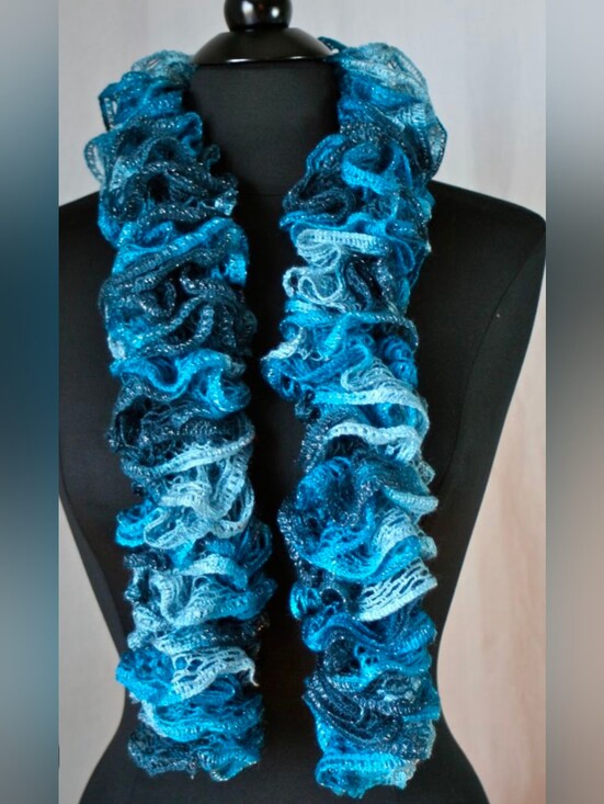 Accessories - Multicolor Handmade Crocheted Fashion Ruffle Scarf Shades of Blue Teal 60" Long